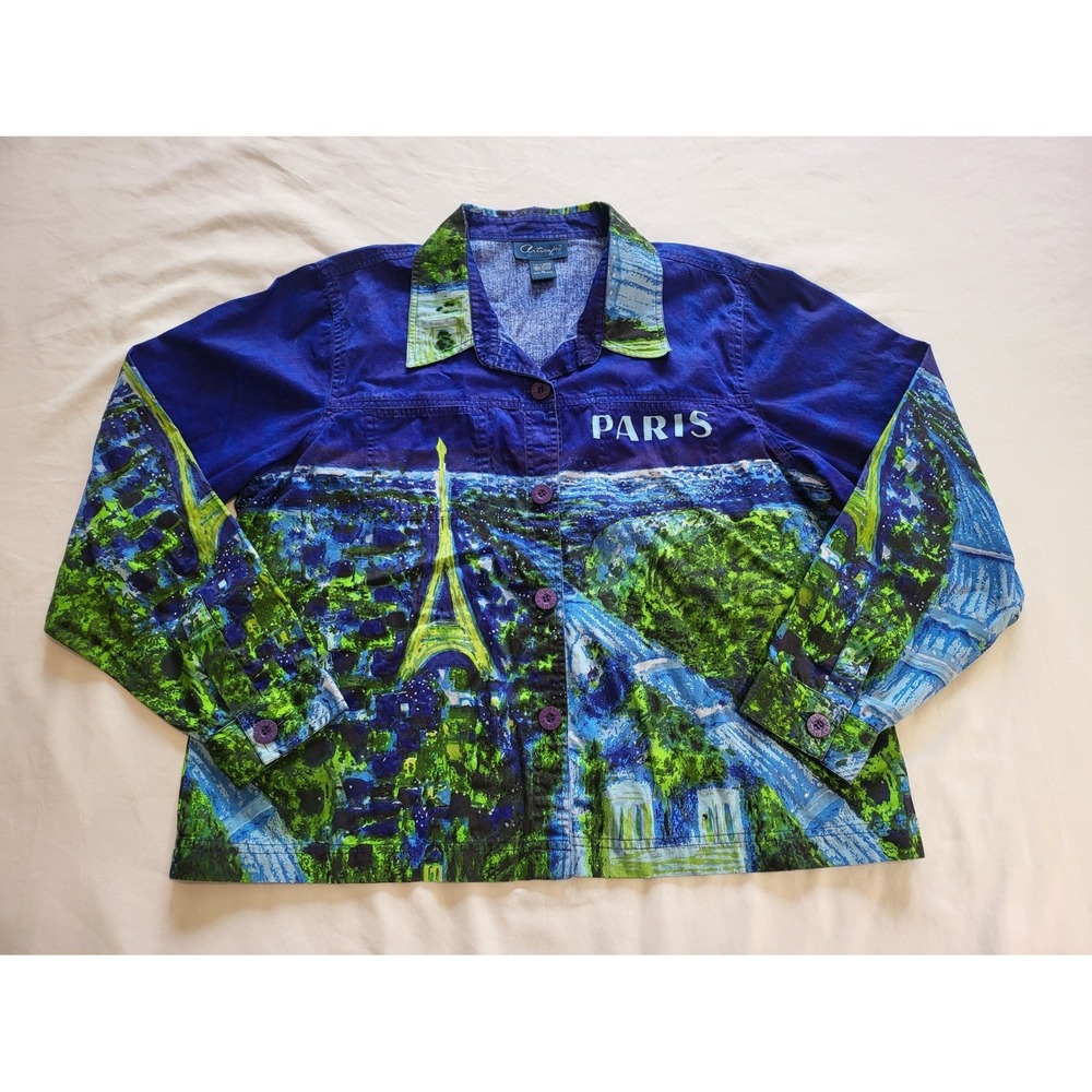 Artscapes Paris Eiffel Tower Cotton Button Down Jacket Blue Green XL A4035